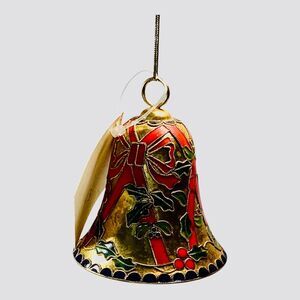 Cloisonne Bell Vintage Poinsettia Red Green Gold 3.5" Gold Hanger